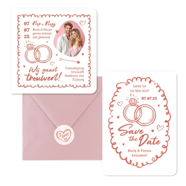 Trouwkaarten hip romantisch doodle illustraties roze